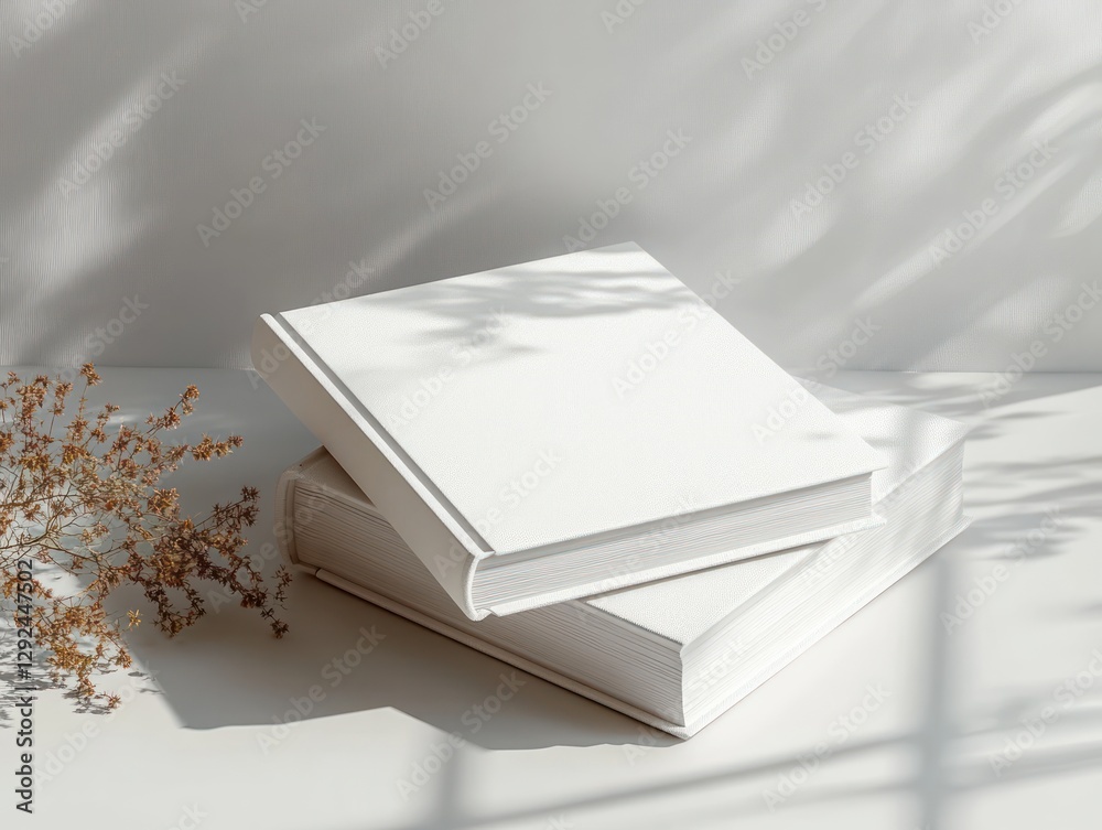Poster minimalist composition of two stacked blank white books in soft natural light