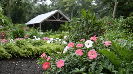 Tropical garden pavilion in a lush environment.  Possible stock photo use