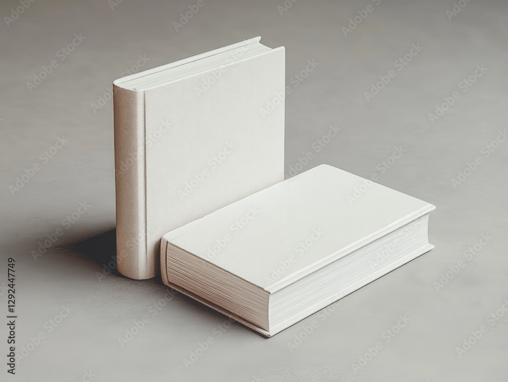 Poster minimalist composition of white books on soft gray background in contemporary style