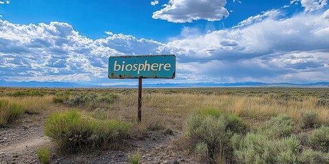 Old, weathered sign reads "biosphere" in remote landscape, signaling ecological zone and emphasizing natural beauty and importance of environmental preservation