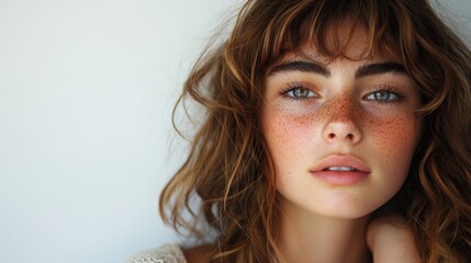 Naklejka premium Natural Beauty Portrait of Young Woman with Freckles and Soft Waves