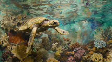 Majestic Sea Turtle Gracefully Navigating Vibrant Coral Reef