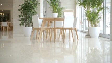 Modern Cafe Interior with Plants and Tables