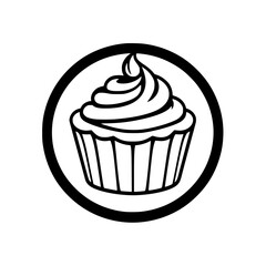Cupcake Illustration: Black and white cupcake icon, with whipped cream frosting and inside a circle.
