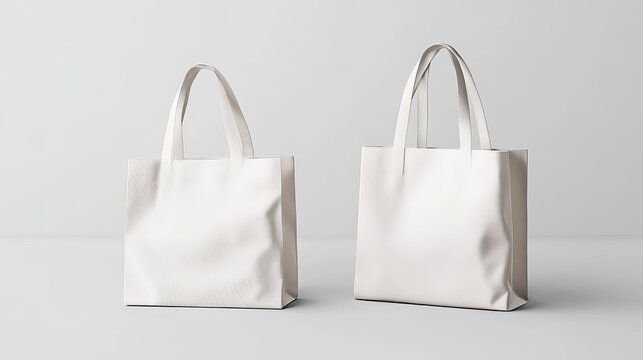 Tote bag mockups set isolated on transparent background. Vector realistic illustration of white fabric eco shoppers with handles, reusable square and round cloth handbags with blank space for branding