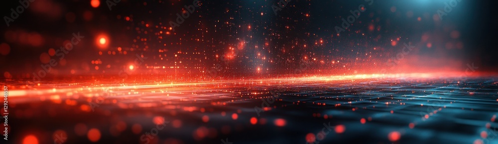 Poster geometric digital art abstract network connection with glowing red lines and depth perspective for t