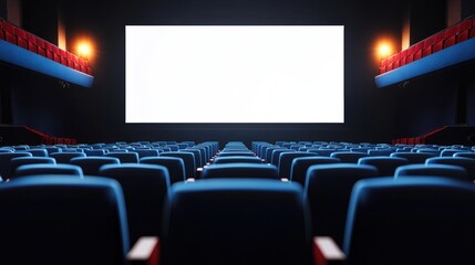 Fototapeta premium Empty cinema hall with large blue screen and white blank display ready for presentation or movie screening