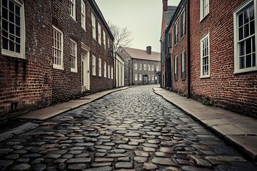 Fototapeta premium Cobblestone street winding through a historic brick building town