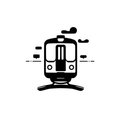 A black and white illustration of a train from the front, with stylized features.