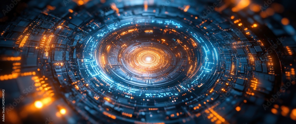 Fototapete Futuristic Abstract Digital Network Design with Blue Light Geometric Patterns and Circuit Board Elements