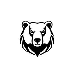 Grizzly Bear head in black and white, minimalist logo with a fierce and serious expression on a white background.