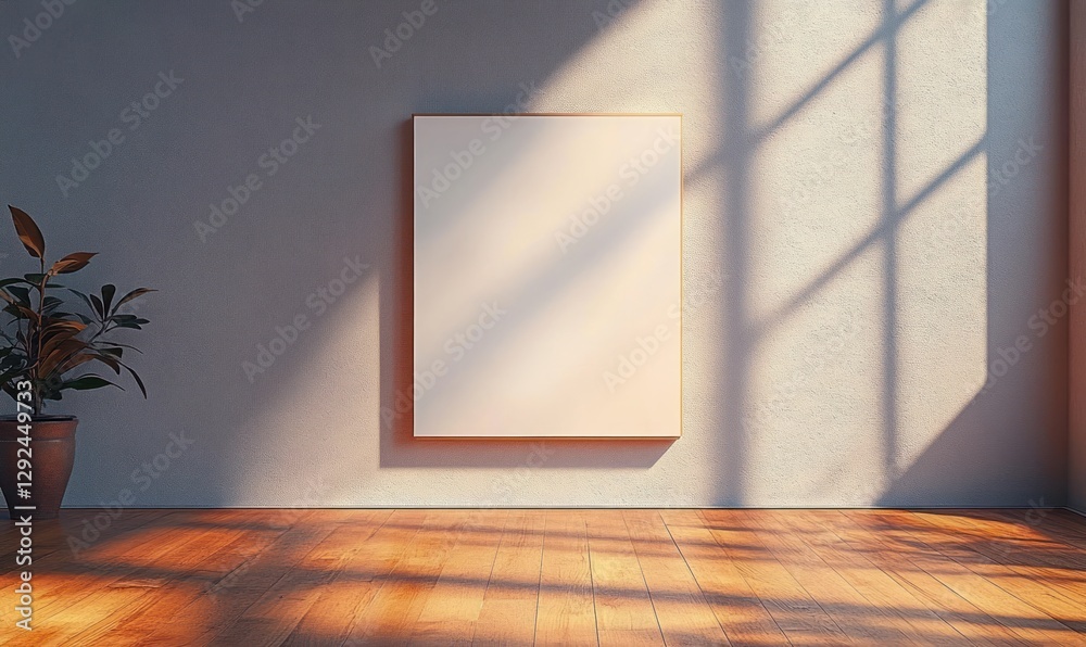 Poster blank canvas on wooden floor in minimalist room with natural light and soft shadows