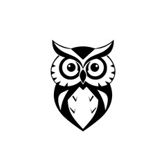 A minimalist vector-style illustration of a centered black owl against a white background, showcasing owl, eyes, plumage, and the overall design.