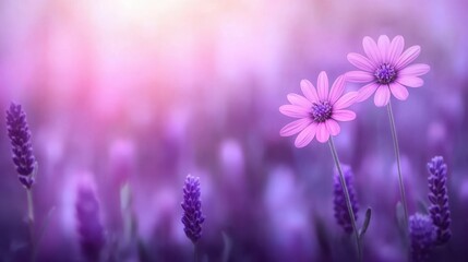 Two vibrant purple daisies stand tall amidst a soft lavender backdrop during the evening glow, evoking a peaceful and calming ambiance in nature
