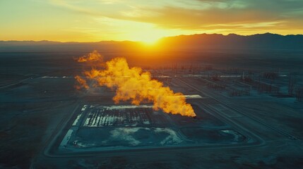 Aerial view of industrial site at sunset with flaring gas and distant mountains in background