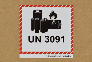 UN 3091 Lithium metal battery warning Sticker closeup safety instructions.