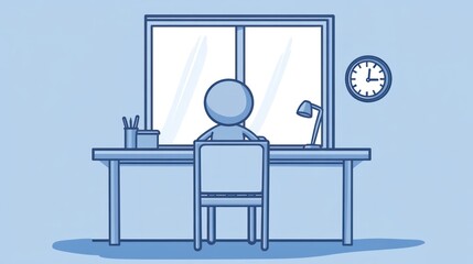 Simple cartoon person working at a desk near a window