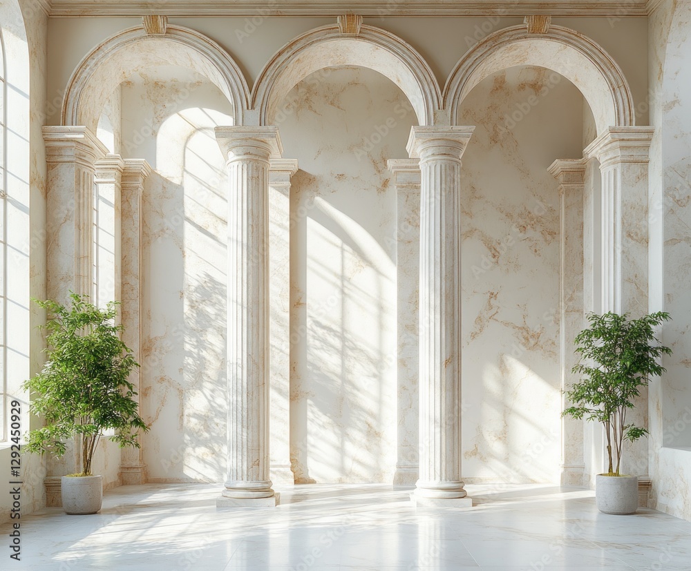 Poster minimalist sculpture composition with classical columns in natural light on beige background