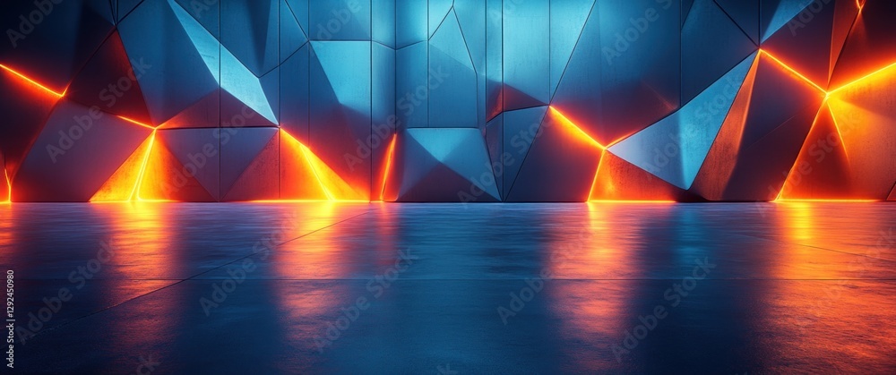 Poster futuristic geometric design with sharp metallic shapes and cool blue lighting for technology aesthet