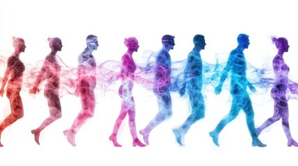 Group of people walking through colorful smoke in a motion blurred energetic crowd movement scene