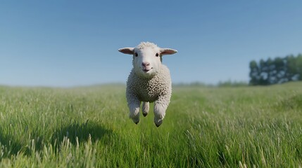 A joyful young lamb playfully leaping across a vibrant green meadow under a clear blue sky
