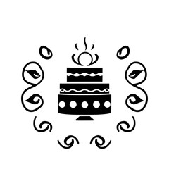 Black silhouette of a three-tiered cake with a round top cake, surrounded by leaf and swirl embellishments, on a white backdrop.