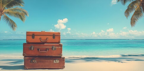 Obraz premium Suitcases stacked on tropical beach with turquoise sea and palms