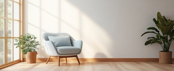 Fototapeta premium Minimalist Living Room with Light Blue Armchair and Soft Cushion on Wooden Floor