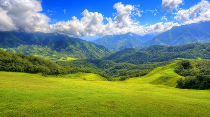 Obraz premium Vast Green Valley Mountain Landscape Under Blue Sky
