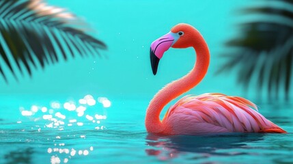 Naklejka premium Flamingo Float in Turquoise Ocean Summer Pool Scene 3D Rendering