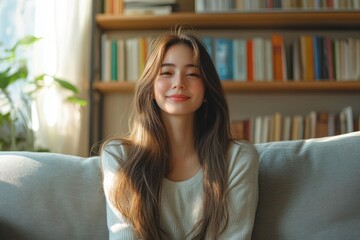 Young Asian woman smiling on gray sofa in cozy living room with colorful bookshelves and soft natural light
