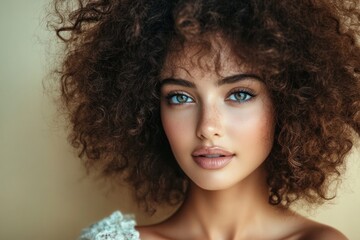 Fototapeta premium Portrait of Beautiful Black Woman with Curly Hair and Smiling Expression on Soft Pastel Background