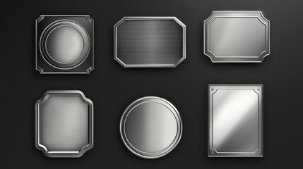 Steel game signs, name plates, empty silver plaques mockup. Metal shiny tags or badges, square round and rectangular nameplates, gamer ui menu or app graphic elements, isolated realistic 3d vector set