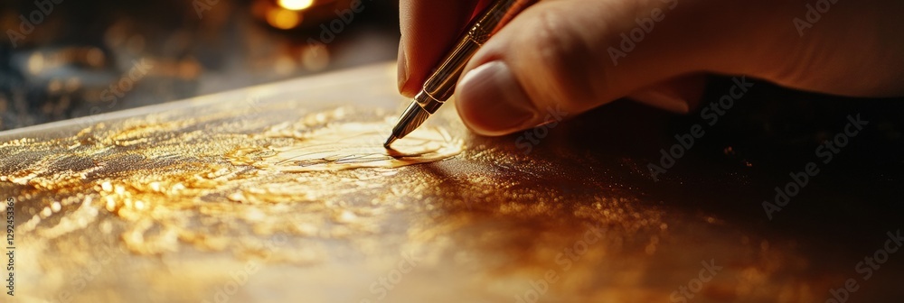 Fototapete crafting intricate designs with a detailed brush on a golden surface during artistic creation in a w