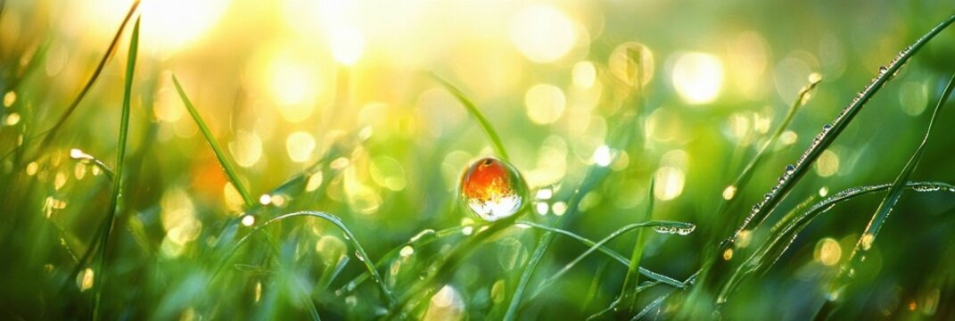 Vibrant green dewy grass blades at sunrise with warm golden light in spring meadow close-up