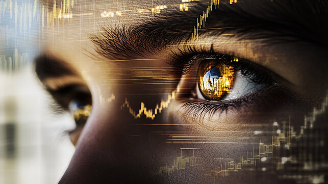 A double exposure of a stock market graph and a person’s face, with financial trends reflected in their eyes, symbolizing decision-making and revenue fluctuations.
