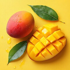 Ripe mango, cut, yellow background, juicy