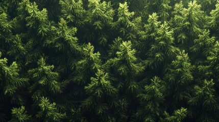 Fototapeta premium Lush evergreen forest canopy, aerial view, misty background, nature texture