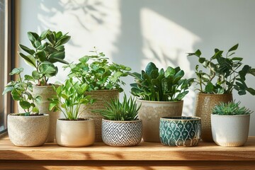 Minimalist Still Life of Potted Plants on Wooden Table with Natural Light Scandinavian Design Home Decor Jungle