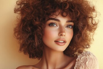 Fototapeta premium Beautiful African American Woman Portrait with Curly Hair and Pastel Background