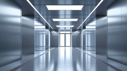 Futuristic metallic corridor with reflective surfaces and bright ceiling lights, leading to a glass exit door. Modern sci-fi style interior with sleek, minimalistic design, perfect for backgrounds

