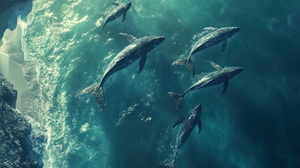 Obraz premium Whales swimming coastal waters, turbulent ocean, aerial view, marine life conservation
