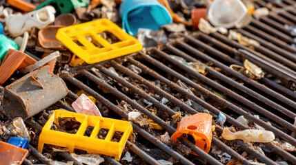 Close up of industrial plastic waste and metal grates, showcasing environmental pollution and debris