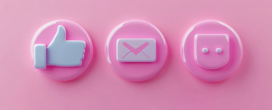 Social Media Icons Set for Like, Share, and Comment in Minimal Design with 3D Rendered Glossy Effects