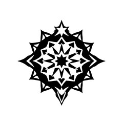Black and White Snowflake-Like Geometric Pattern Over White Background.