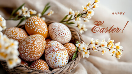 A wicker basket brimming with intricately decorated Easter eggs, surrounded by delicate white blossoms, conveys festive warmth and tradition.