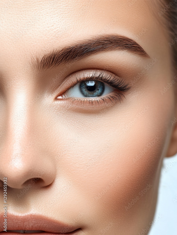 Poster close up of a womans face with contrasting features illustrating age and beauty treatment concepts. 