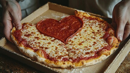 Heart-shaped pizza in box, hands holding, romantic, wooden background, Valentine's Day