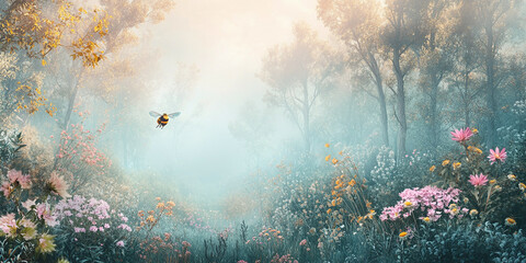 A dreamy misty forest with delicate pastel flowers, a hovering bee, and a flying bird, exuding calmness and serenity, with copy space on the left.