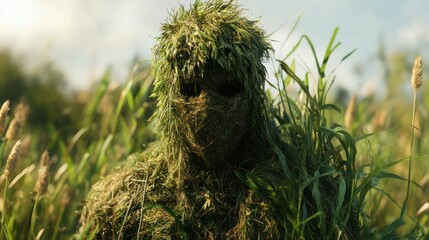 Camouflaged figure in tall grass field, sunlight background, military concept